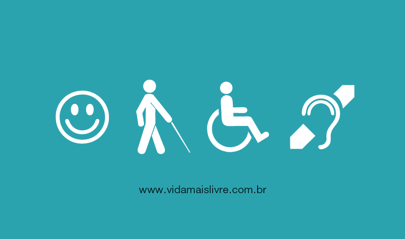 Arte em fundo verde, com os símbolos das deficiências intelectual, visual, física e auditiva dispostos verticalmente, da esquerda para a direita